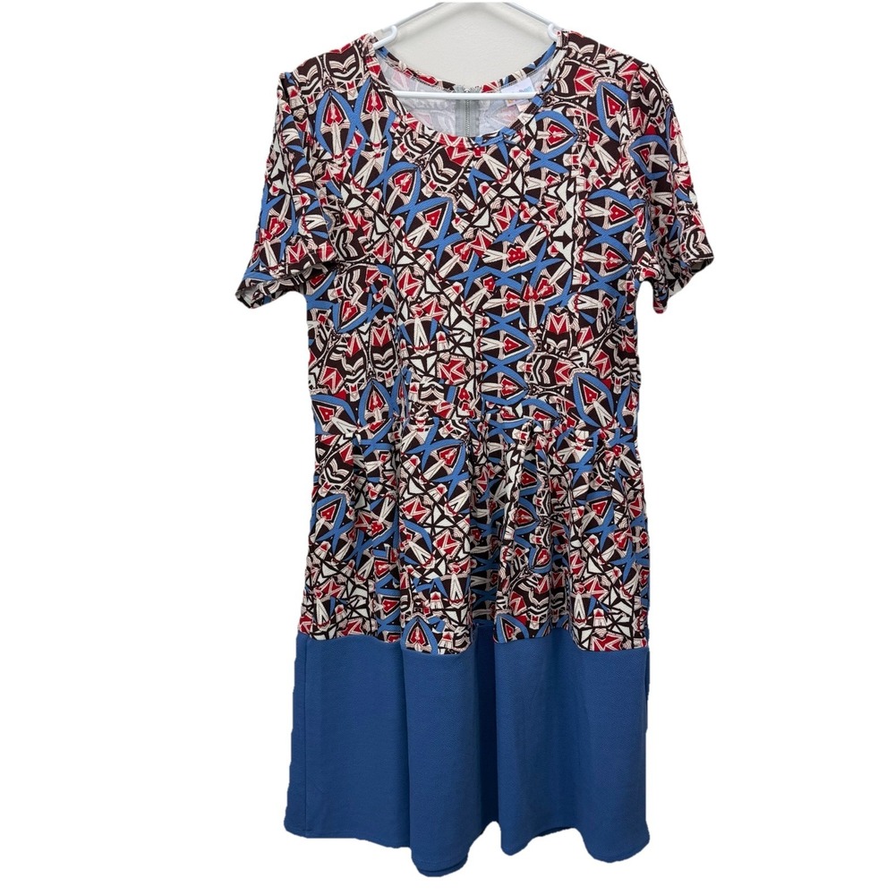 LuLaRoe Red Blue Colorful Geometric Pockets Stretch Amelia Dress Size 3X‎